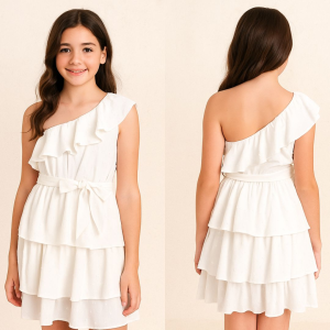 MOLDE EM PDF - VESTIDO INFANTIL 1 OMBRO COM BABADOS REF 2877  ( 1 A 14 ANOS)